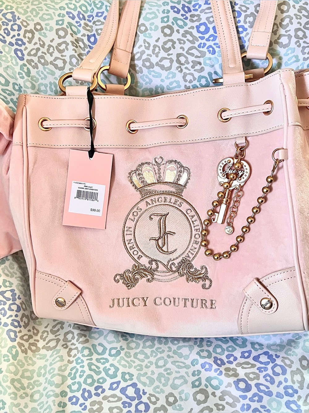 New Light Pink Juicy Couture Purse Daydreamer Tote Bag Velour Handbag Key Charm
